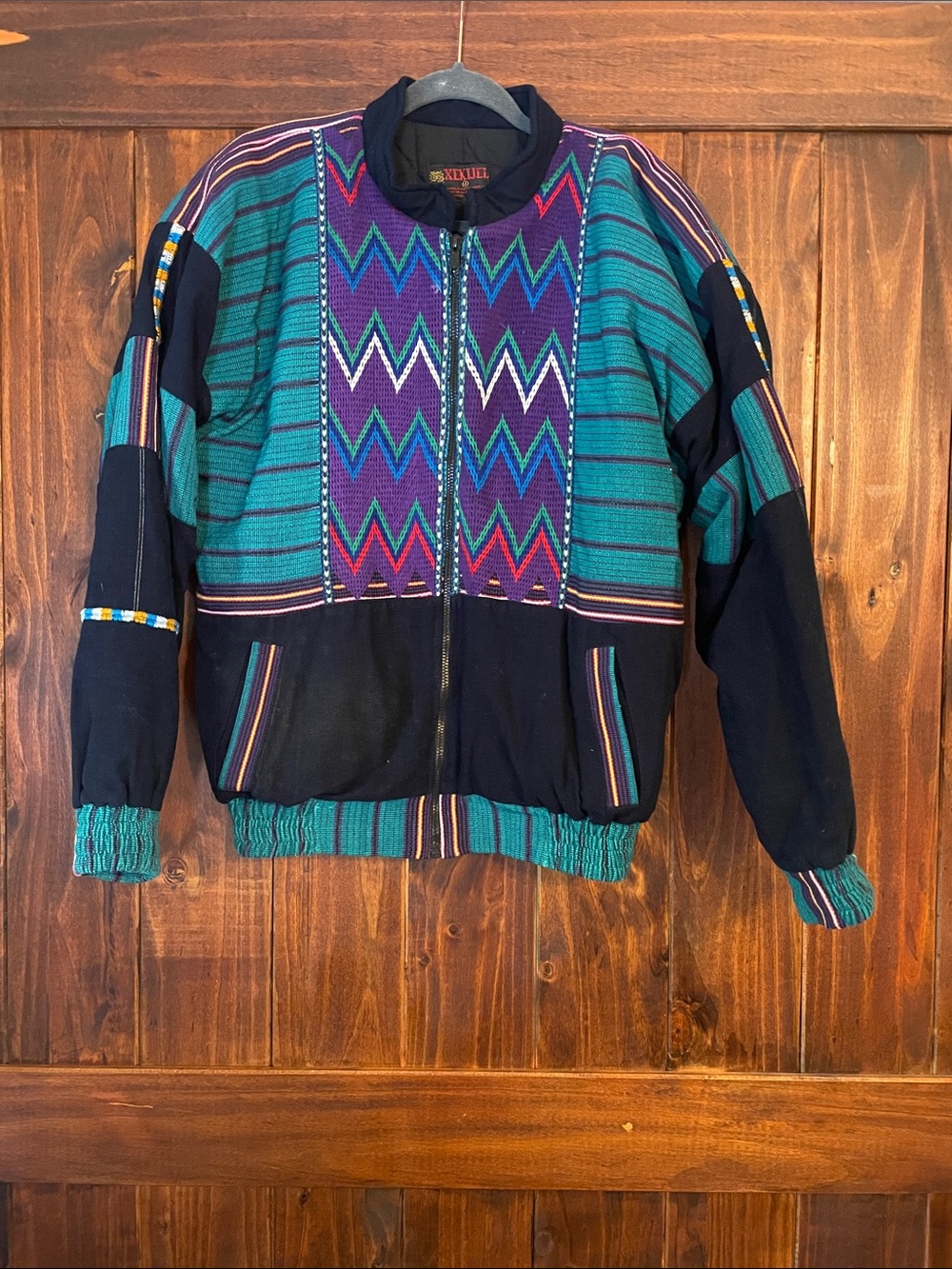 Vintage 1980s 1990s Guatemalan Woven Cotten Bomber Jacket in Teal & Purple